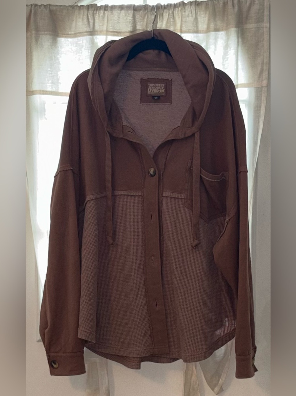 American Eagle Lived-In Waffle Knit Button Down Hooded Shacket Brown – L/XL
